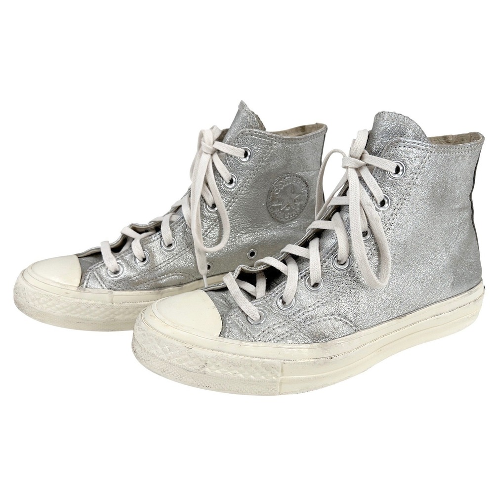 Converse Womens Chuck 70 High Top Metallic Silver‎ Crinkled Leather Sneakers 6